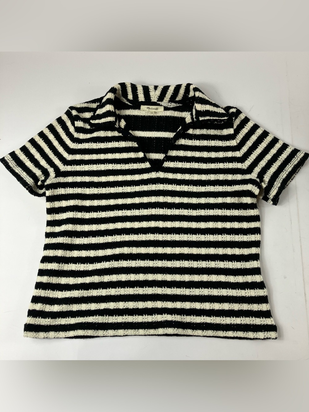 Madewell Black and White Crochet Knit Striped V Neck Sweater Tee